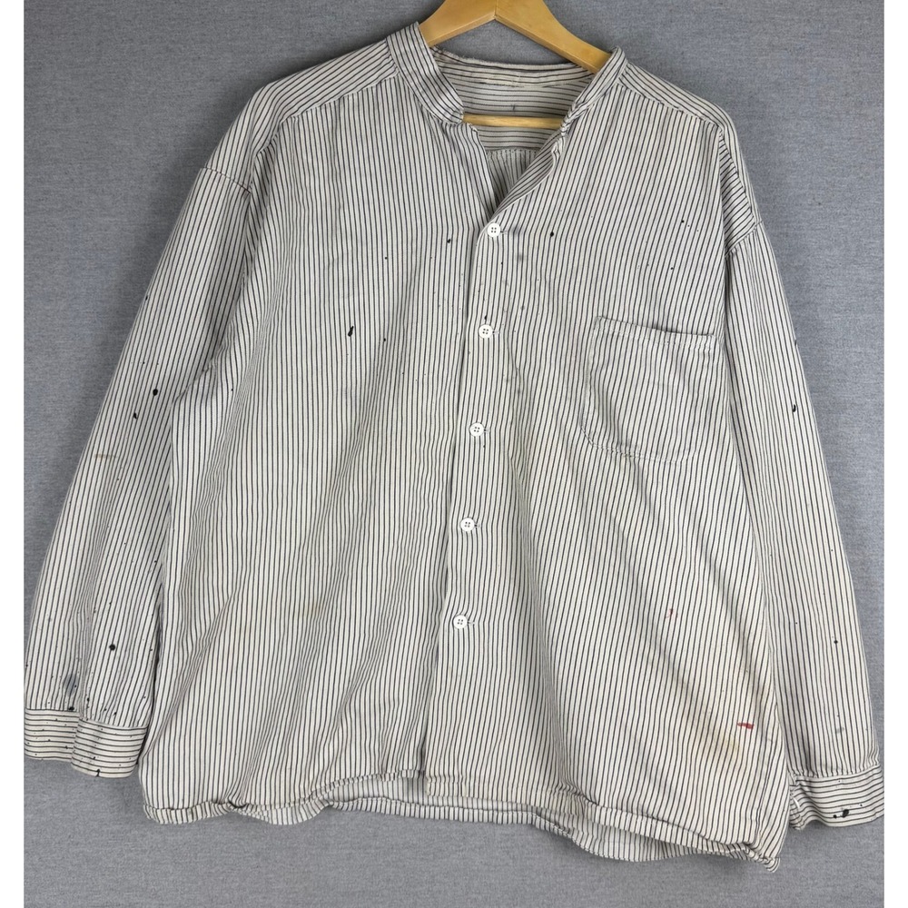 Vintage Striped Chore Jacket XL White Blue Band Collar Workwear